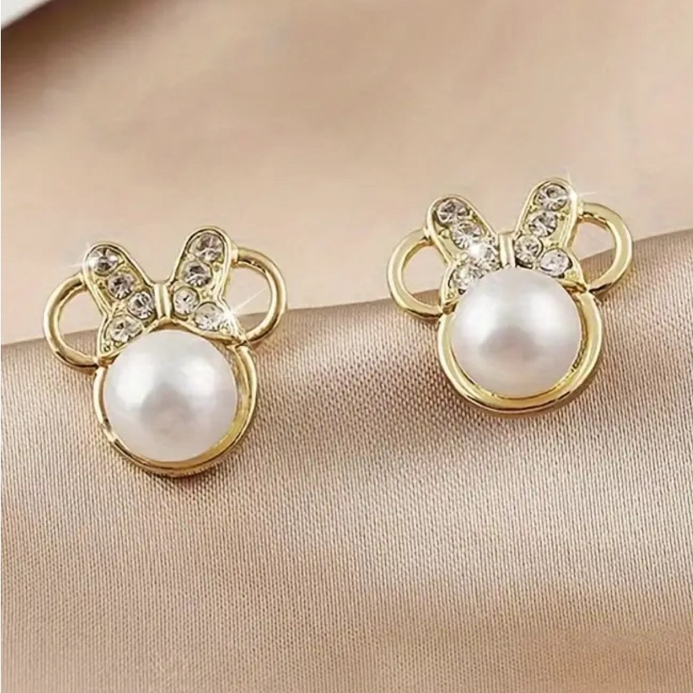Cartoon Minnie Earrings - Rhinestone Embellished, Faux Pearl stud earrings
